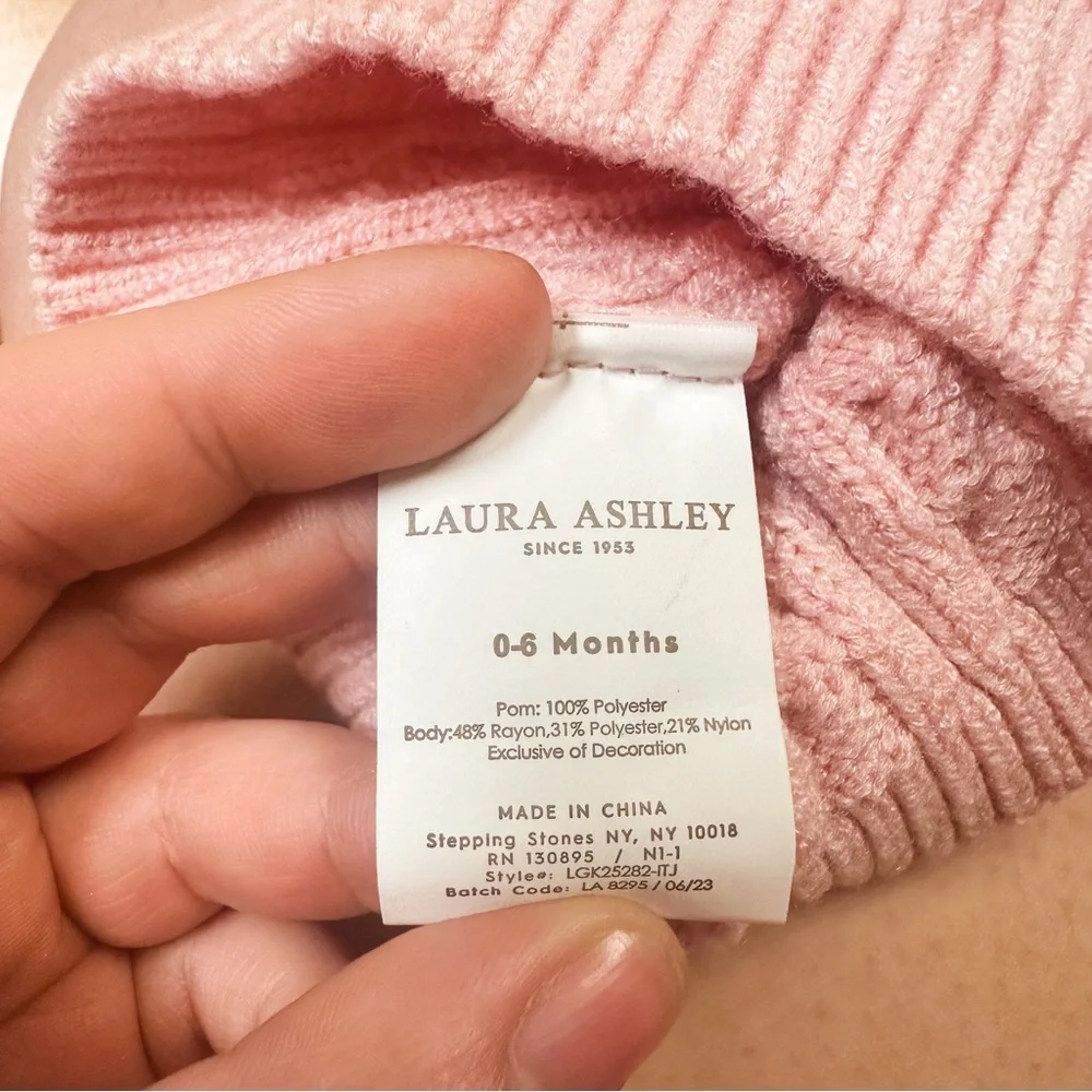 Laura Ashley Pink & White Fuzzy Newborn Pom Beanie Winter Hat Size 0-6M